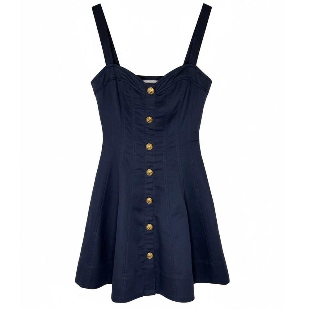 AQUA x Liat Baruch Navy Blue Tencel Button Front Mini Dress Gold Lion Buttons XS